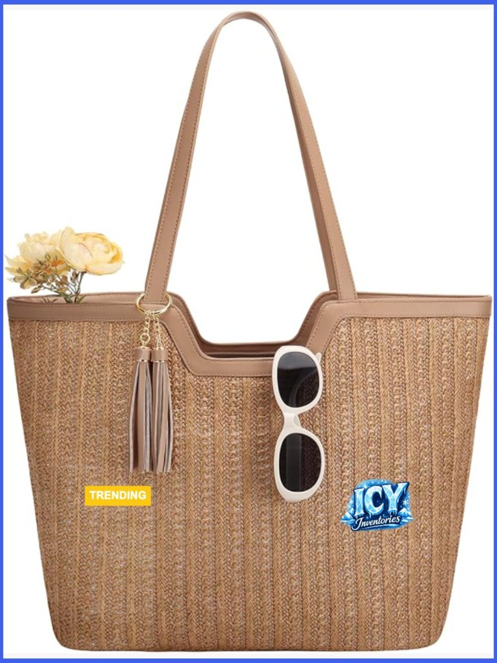 Straw Woven Crochet Raffia Beach Tote Bag with Tassel Accents, Lightweight